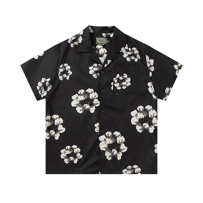 Denim Tears Black Base White Floral Wreath Print Camp Collar Short Hover Image