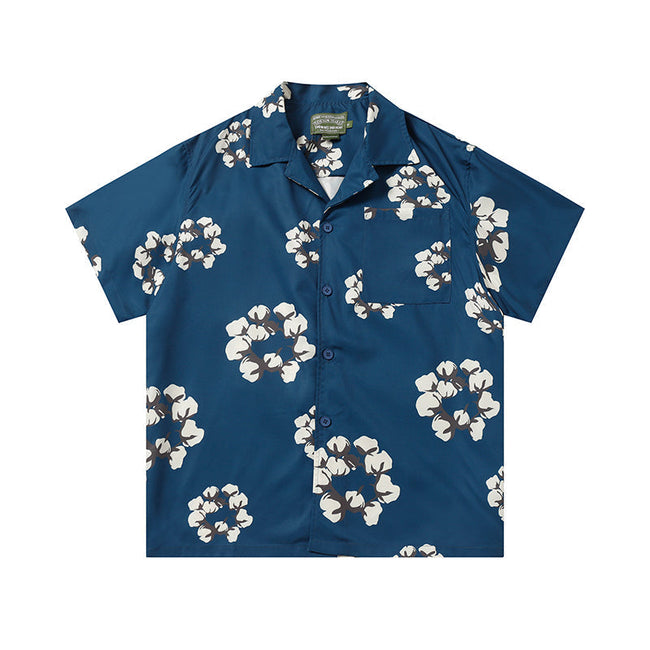 Denim Tears Deep Blue Floral Wreath Print Camp Collar Short Sleeve Hover Image