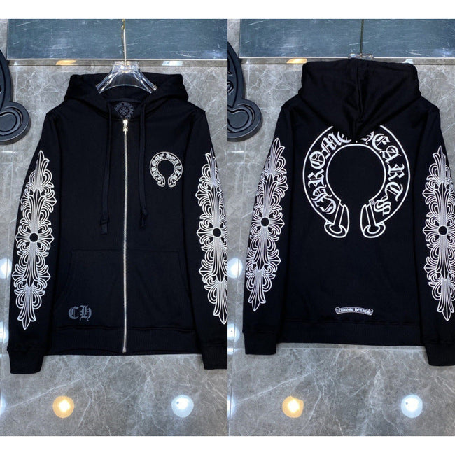 Chrome Hearts Horseshoe & Floral Cross Zip-Up Hoodie (Black) Hover Image