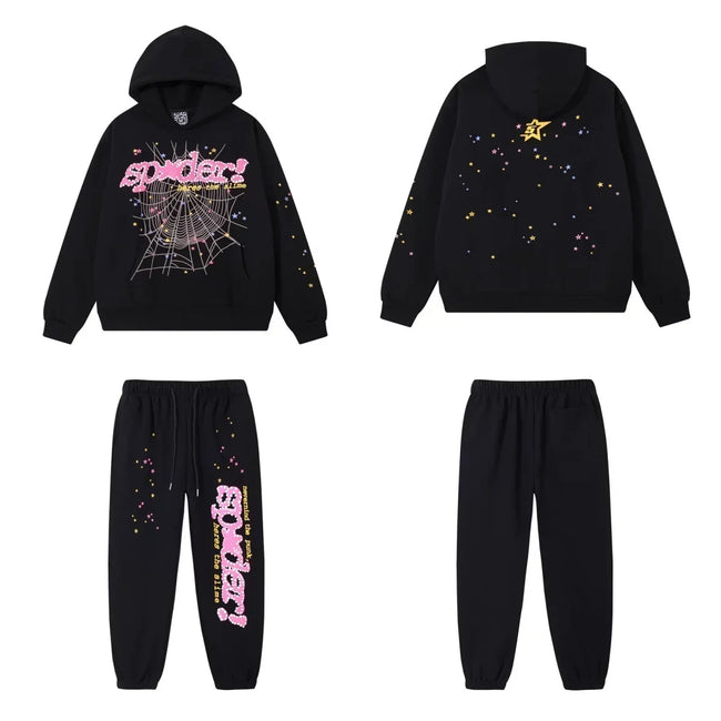 SP5DER Web Graphic Pullover Hoodie and Sweatpants Matching Set - Black / Pink Hover Image