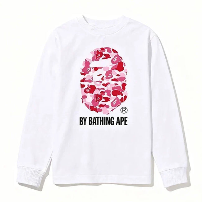 BAPE Style "BY BATHING APE" Camo Ape Head Long-Sleeve Tee - White/Pink Hover Image