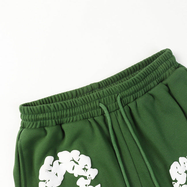 Denim Tears Green Cotton Sweat Shorts With White Textured Flower Wreath Print Main Image