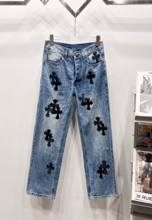 Chrome Hearts Classic Blue & Black Cross Patch Denim Jeans Hover Image